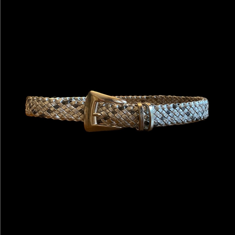 Vintage Metallic Silver Braided Belt Gold Buckle Y2K Retro Disco Boho 35.5"